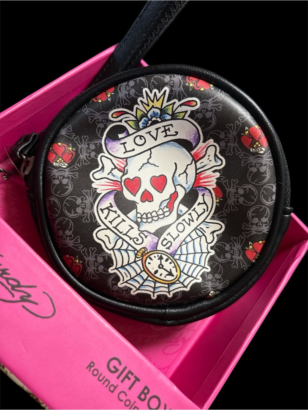 Ed Hardy Love Kills Slowly Black Round Coin Purse Wristlet Y2K NWT - Picture 2 of 3
